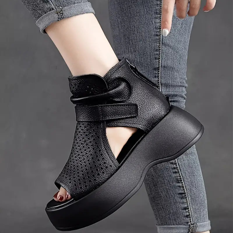 Elegant Women's Retro Hollow Platform Sandals, Breathable Open Toe Cut-out Soft Sole Wedge Shoes, Comfy Outdoor Back Zipper Sandals