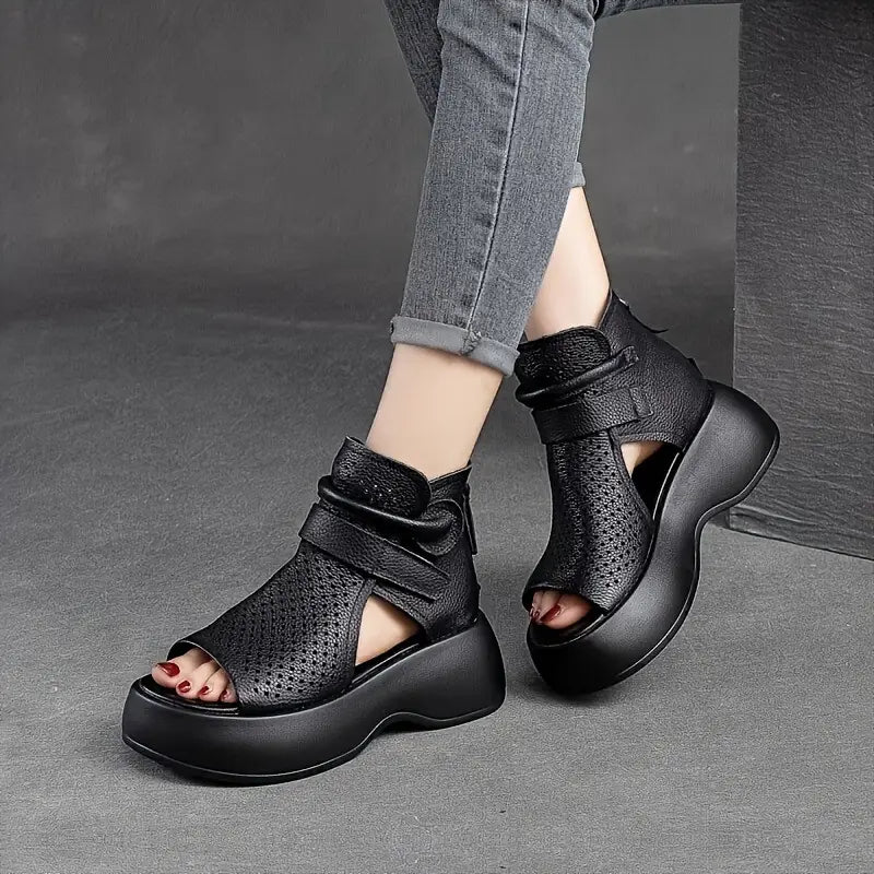 Elegant Women's Retro Hollow Platform Sandals, Breathable Open Toe Cut-out Soft Sole Wedge Shoes, Comfy Outdoor Back Zipper Sandals