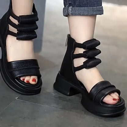 Elegant Women's Sandals - Fashionable Thick Sole, Open Toe with Elastic Ankle Strap, Versatile Casual Shoes in Solid Color