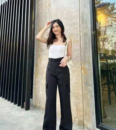 (PACK - 3) SALE LIVE !! Women's Stylish Graceful Flat Front Casual Straight-leg Trousers pants with Pockets