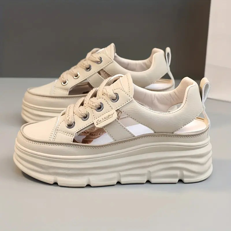 Elegant Women's Breathable Cut-Out Sneakers - Casual Lace-Up Platform Shoes with Hidden Height Increase, Versatile White