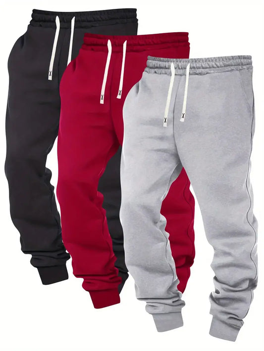 3pcs Men's Solid Color Joggers with Drawstring Waist - Casual Athletic Sweatpants, Polyester Blend, Machine Washable