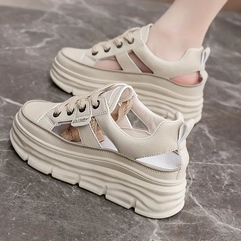 Elegant Women's Breathable Cut-Out Sneakers - Casual Lace-Up Platform Shoes with Hidden Height Increase, Versatile White