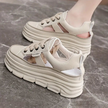 Elegant Women's Breathable Cut-Out Sneakers - Casual Lace-Up Platform Shoes with Hidden Height Increase, Versatile White