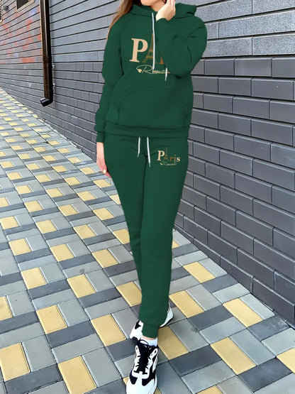 Stylish Printed Fleece Hoodie - Women's Autumn and Winter Casual Outfit - Tapered Sweatpants Set