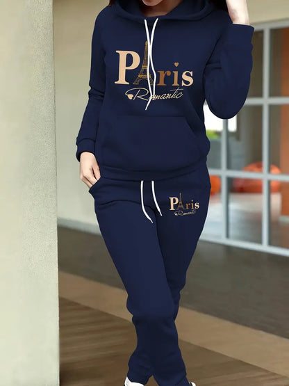 Stylish Printed Fleece Hoodie - Women's Autumn and Winter Casual Outfit - Tapered Sweatpants Set