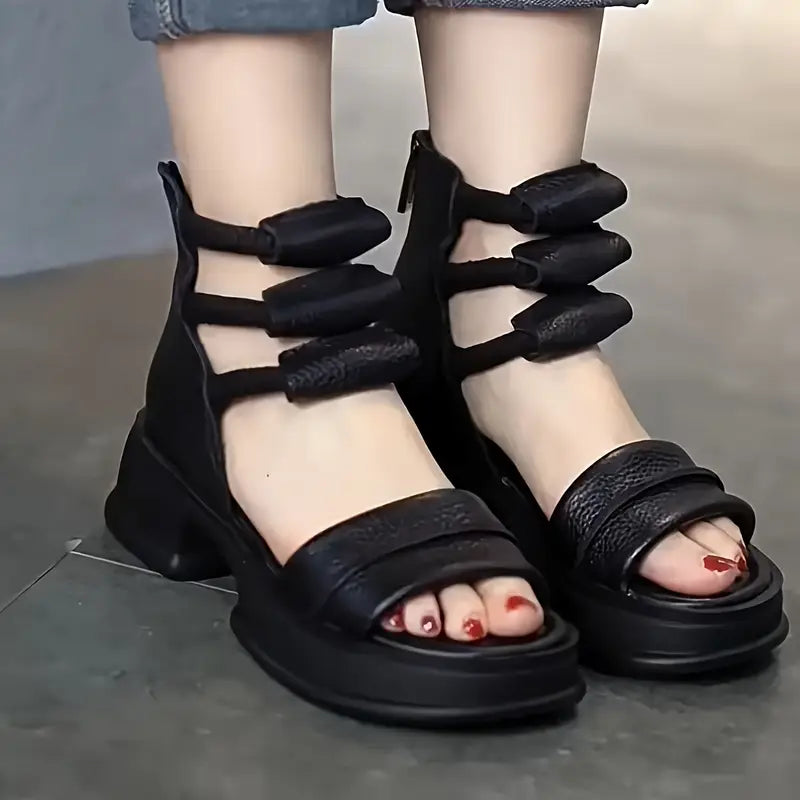 Elegant Women's Sandals - Fashionable Thick Sole, Open Toe with Elastic Ankle Strap, Versatile Casual Shoes in Solid Color