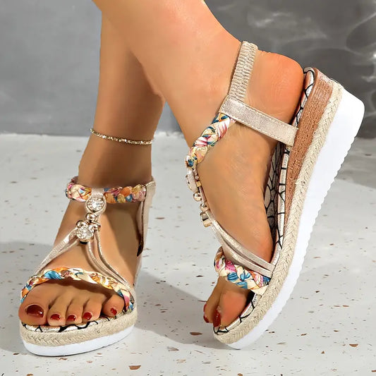 Elegant Women's Wedge Sandals with Butterfly & Pearl Accents - Open Toe, Thick Sole, Slip-On Design in PU Cover