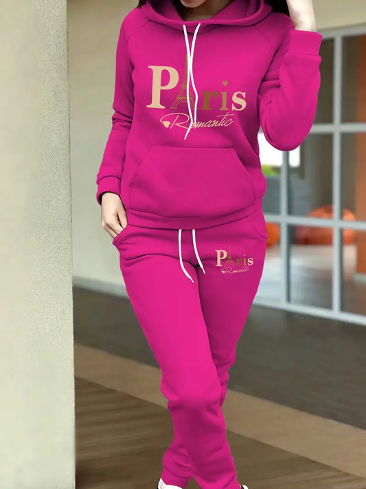 Stylish Printed Fleece Hoodie - Women's Autumn and Winter Casual Outfit - Tapered Sweatpants Set