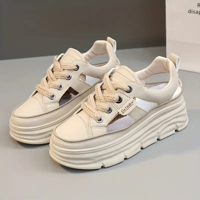 Elegant Women's Breathable Cut-Out Sneakers - Casual Lace-Up Platform Shoes with Hidden Height Increase, Versatile White