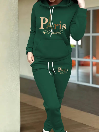 Stylish Printed Fleece Hoodie - Women's Autumn and Winter Casual Outfit - Tapered Sweatpants Set