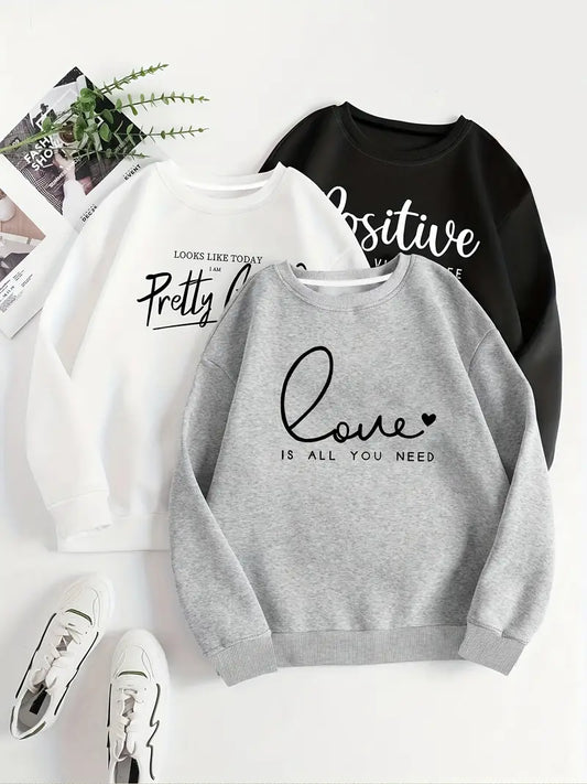 Casual [3 Piece Print Pullover Sweatshirt] 3 Piece Letter Print Pullover Sweatshirt, Casual Long Sleeve Crew Neck Sweatshirt For Spring & Fall, Women's Clothing