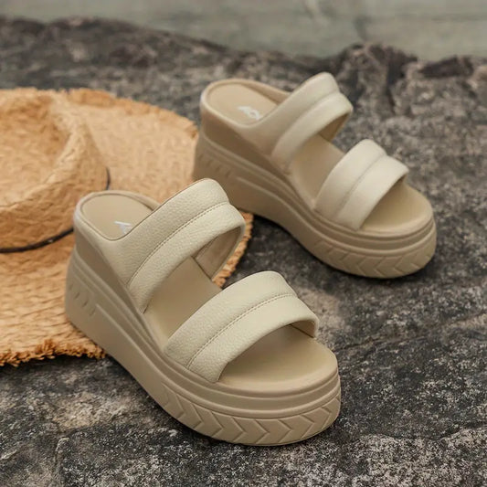 Elegant Women's Solid Color Platform Sandals, Double Strap Slip On Open Toe Non-slip Wedge Slides Shoes, Comfy Shoes