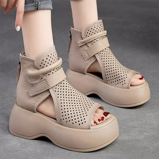 Elegant Women's Retro Hollow Platform Sandals, Breathable Open Toe Cut-out Soft Sole Wedge Shoes, Comfy Outdoor Back Zipper Sandals