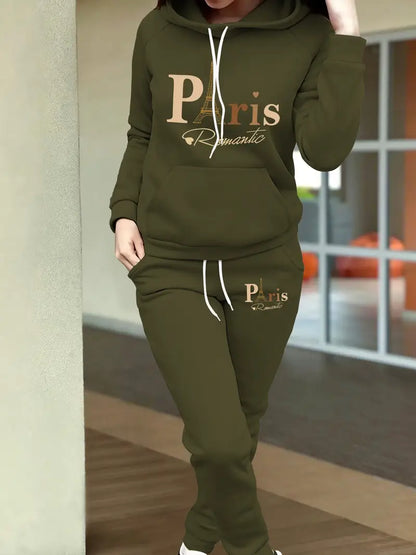 Stylish Printed Fleece Hoodie - Women's Autumn and Winter Casual Outfit - Tapered Sweatpants Set