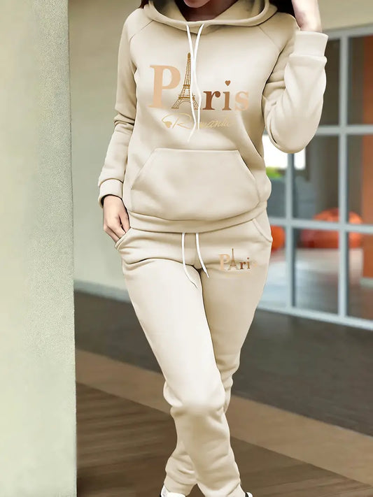 Stylish Printed Fleece Hoodie - Women's Autumn and Winter Casual Outfit - Tapered Sweatpants Set