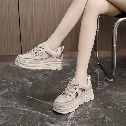 Elegant Women's Breathable Cut-Out Sneakers - Casual Lace-Up Platform Shoes with Hidden Height Increase, Versatile White