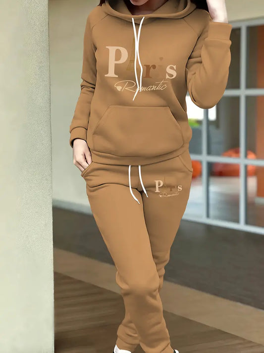 Stylish Printed Fleece Hoodie - Women's Autumn and Winter Casual Outfit - Tapered Sweatpants Set