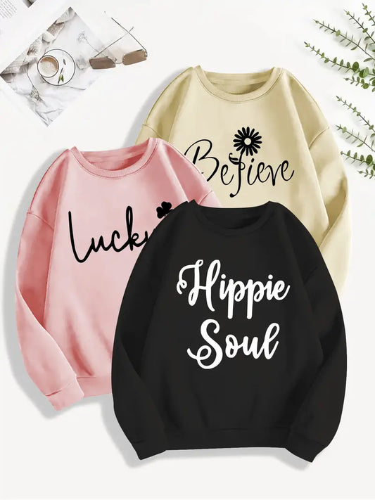 Casual [3 Piece Print Pullover Sweatshirt] 3 Piece Letter Print Pullover Sweatshirt, Casual Long Sleeve Crew Neck Sweatshirt For Spring & Fall, Women's Clothing