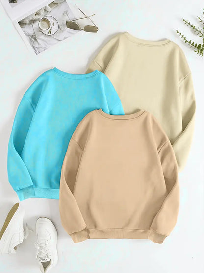 Casual [3 Piece Print Pullover Sweatshirt] 3 Piece Letter Print Pullover Sweatshirt, Casual Long Sleeve Crew Neck Sweatshirt For Spring & Fall, Women's Clothing