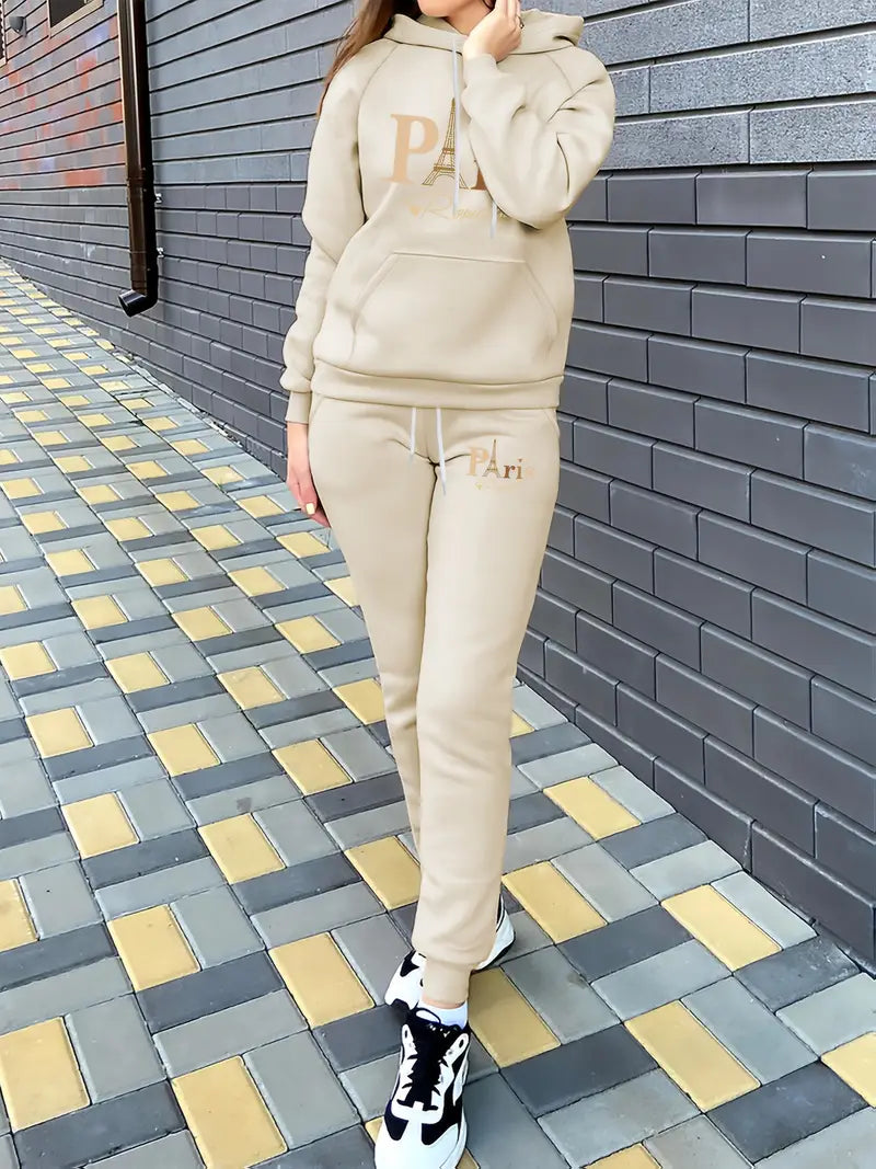 Stylish Printed Fleece Hoodie - Women's Autumn and Winter Casual Outfit - Tapered Sweatpants Set