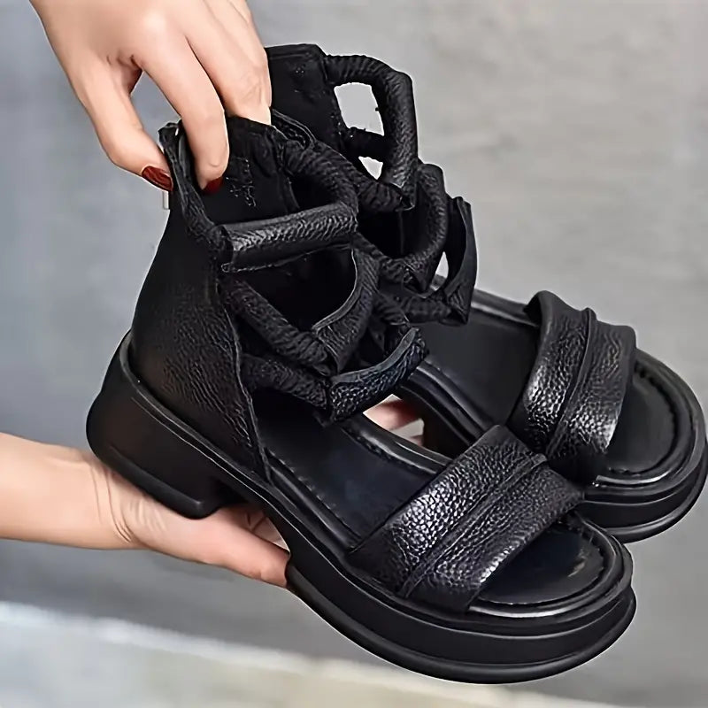 Elegant Women's Sandals - Fashionable Thick Sole, Open Toe with Elastic Ankle Strap, Versatile Casual Shoes in Solid Color