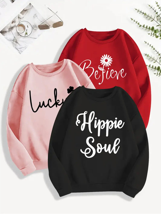 Casual [3 Piece Print Pullover Sweatshirt] 3 Piece Letter Print Pullover Sweatshirt, Casual Long Sleeve Crew Neck Sweatshirt For Spring & Fall, Women's Clothing