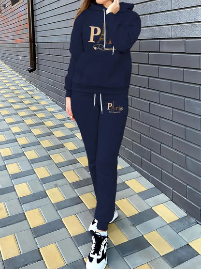 Stylish Printed Fleece Hoodie - Women's Autumn and Winter Casual Outfit - Tapered Sweatpants Set