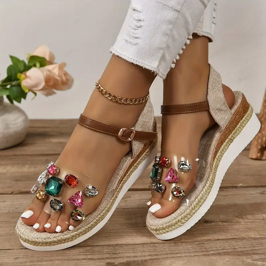 Elegant Women's Wedge Sandals with Butterfly & Pearl Accents - Open Toe, Thick Sole, Slip-On Design in PU Cover