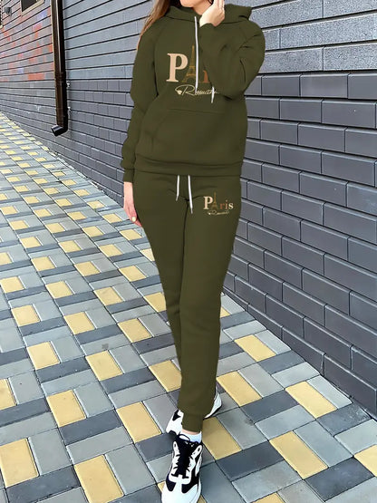 Stylish Printed Fleece Hoodie - Women's Autumn and Winter Casual Outfit - Tapered Sweatpants Set