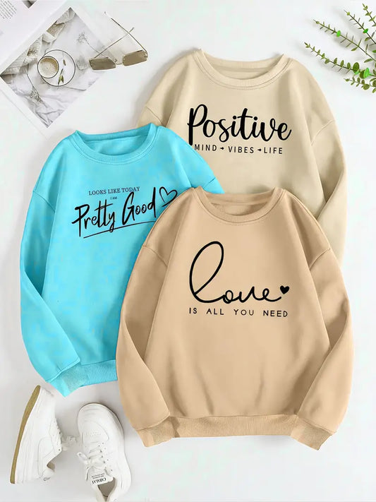 Casual [3 Piece Print Pullover Sweatshirt] 3 Piece Letter Print Pullover Sweatshirt, Casual Long Sleeve Crew Neck Sweatshirt For Spring & Fall, Women's Clothing