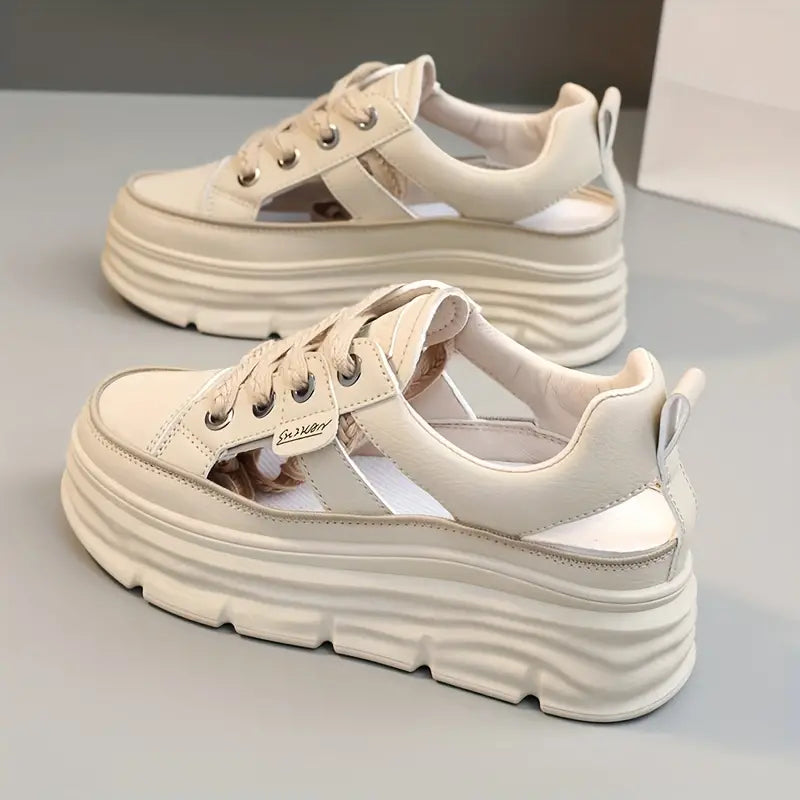 Elegant Women's Breathable Cut-Out Sneakers - Casual Lace-Up Platform Shoes with Hidden Height Increase, Versatile White