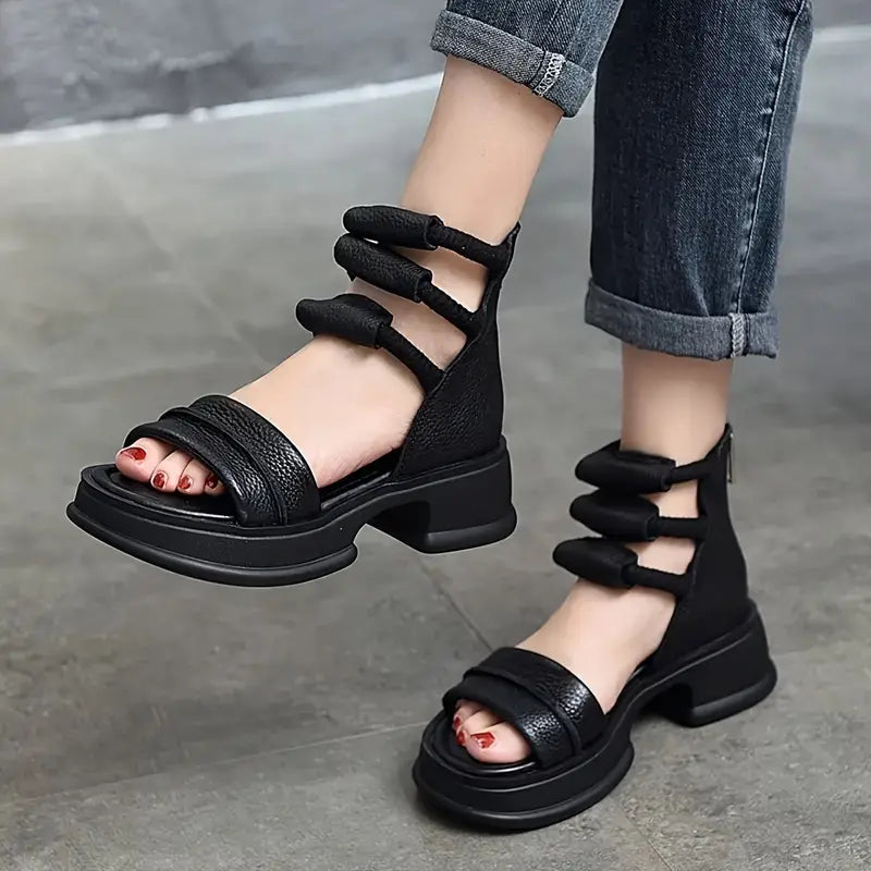 Elegant Women's Sandals - Fashionable Thick Sole, Open Toe with Elastic Ankle Strap, Versatile Casual Shoes in Solid Color