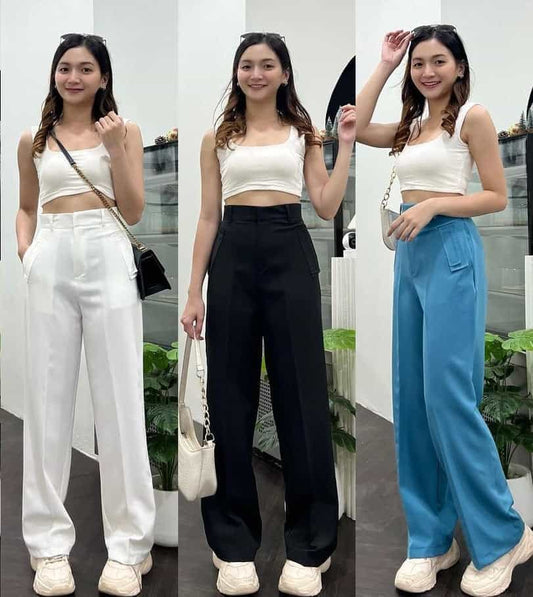 (PACK - 3) SALE LIVE !! Women's Stylish Graceful Flat Front Casual Straight-leg Trousers pants with Pockets