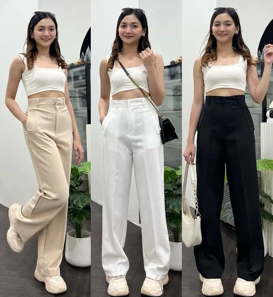 (PACK - 3) SALE LIVE !! Women's Stylish Graceful Flat Front Casual Straight-leg Trousers pants with Pockets