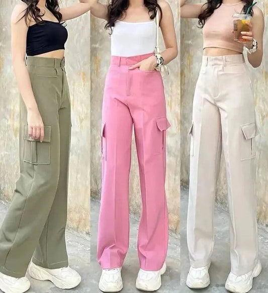 (PACK - 3) SALE LIVE !! Women's Stylish Graceful Flat Front Casual Straight-leg Trousers pants with Pockets