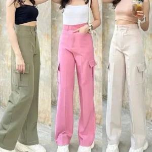 (PACK - 3) SALE LIVE !! Women's Stylish Graceful Flat Front Casual Straight-leg Trousers pants with Pockets
