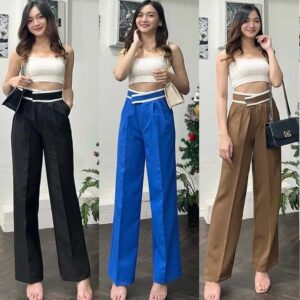 (PACK - 3) SALE LIVE !! Women's Stylish Graceful Flat Front Casual Straight-leg Trousers pants with Pockets